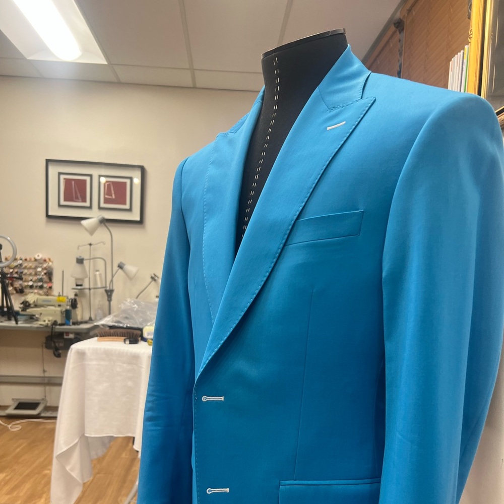 Brand New 3 piece custom made half canvas turquoise spring wool blend suit